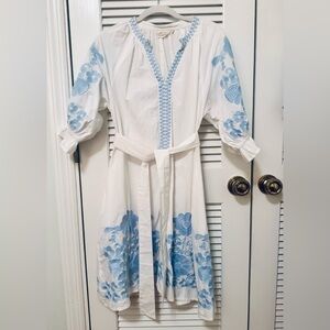 Julia Amory Coatue Mademoiselle Dress S - White w/Light Blue Embroidery Detail
